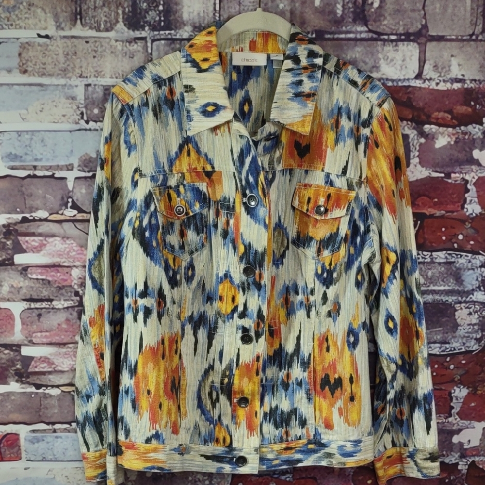 Chico's Ikat Print Linen/Cotton Jean Jacket